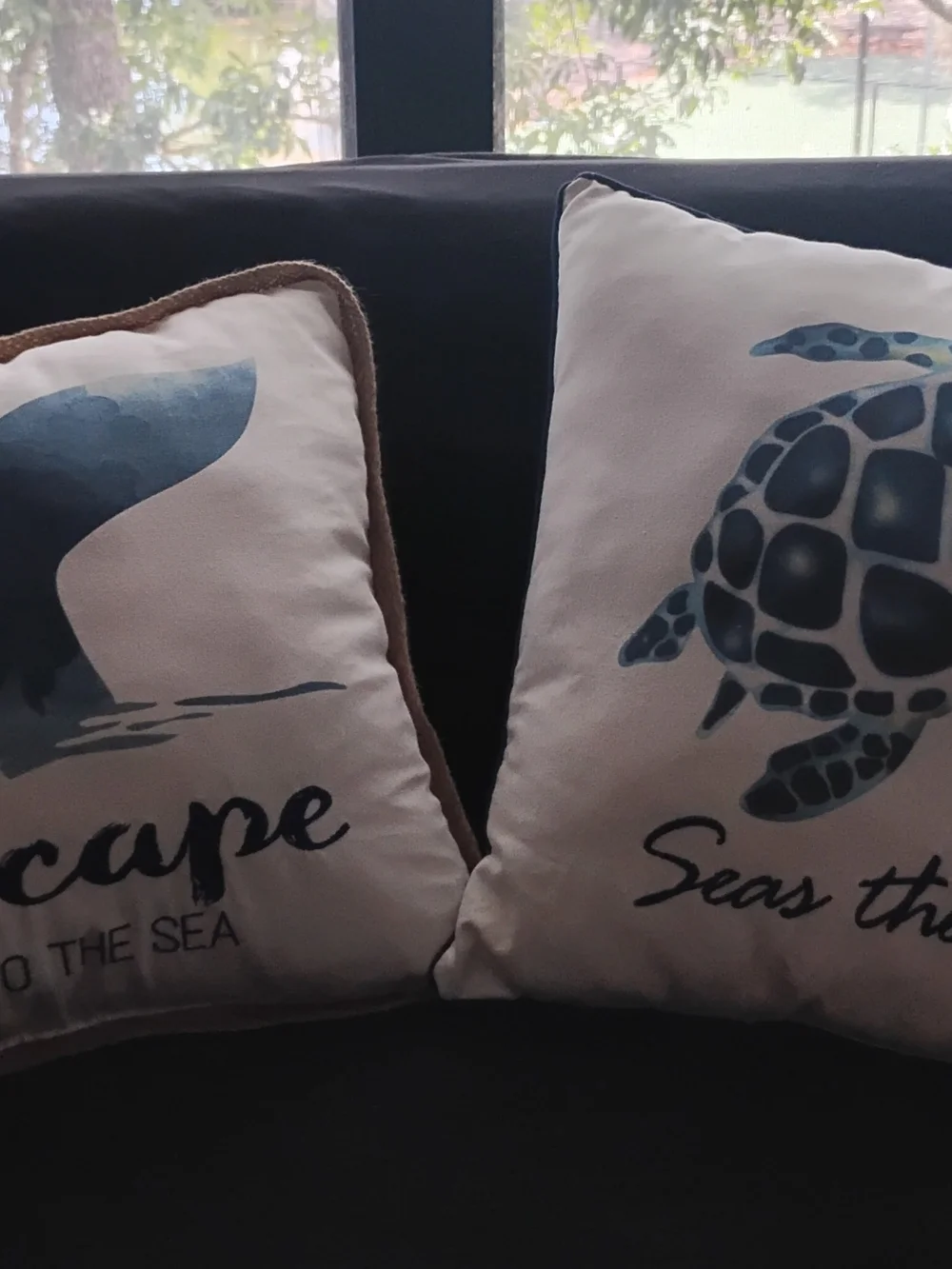 Coastal Turtle & Whale Throw Pillow Pair -Blue & White Embroidered Text. 16x16